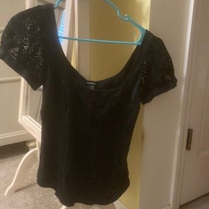 Black bebe silk top with lace short sleeves medium